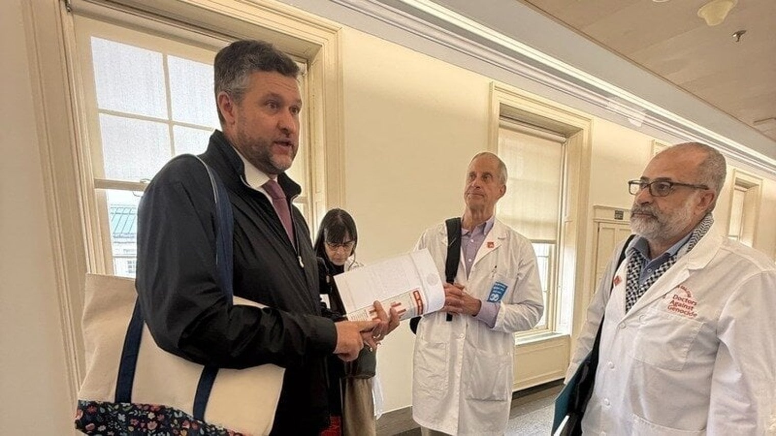 Rep. Pat Ryan speaking with Doctors Against Genocide delegation outside his congressional office in Washington DC