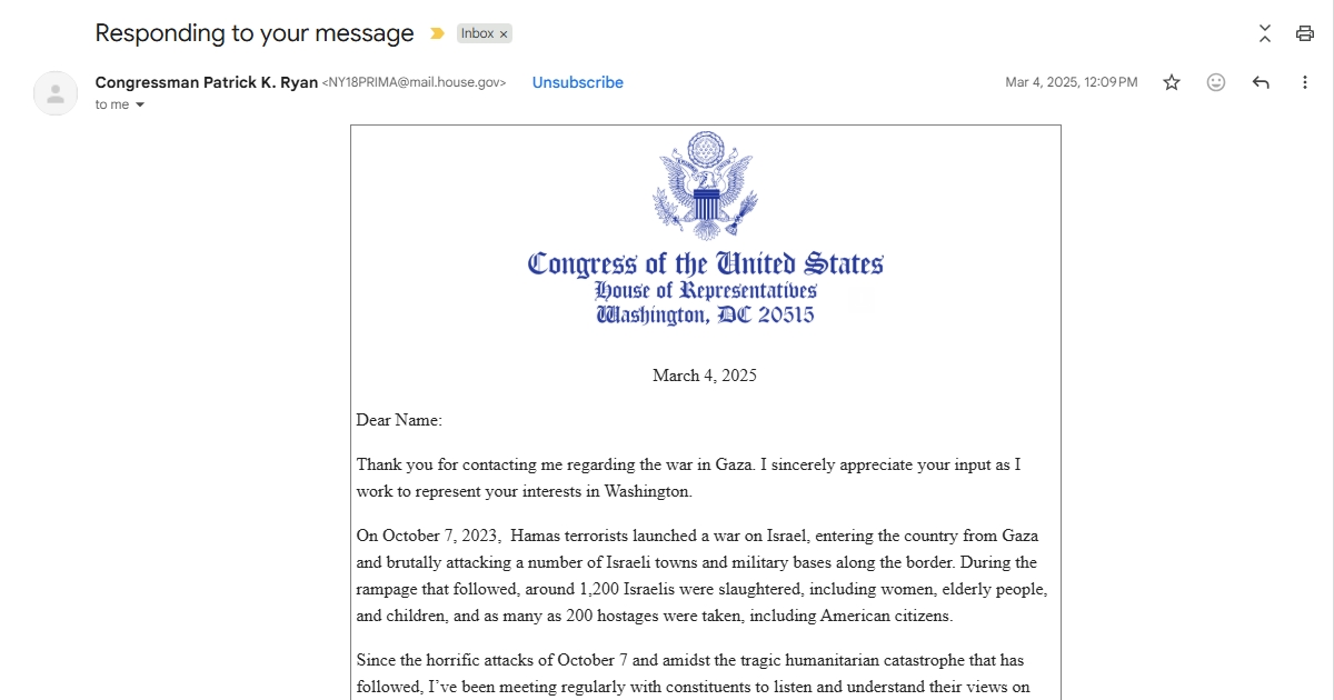 Screenshot of Pat Ryan's form letter from March 2025